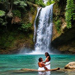 Caribbean Holidays, September Weddings, Bride and groom exploring a Jamaican waterfall and lush countryside after their wedding, with tropical scenery and clear water
