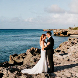 Caribbean Holidays, September Weddings, Bride and groom taking wedding photographs beside Aruba's rugged coastline and clear blue sea