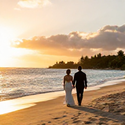 Caribbean Holidays, September Weddings, Bride and groom walking along a quiet beach in Saint Barth&eacute;lemy at sunset in September