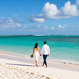 Caribbean Holidays, September Weddings, Bride and groom walking barefoot beside a turquoise lagoon on a quiet Turks and Caicos beach in September