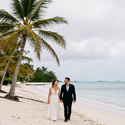 Caribbean Holidays, September Weddings, Bride and groom walking beside a quiet Caribbean beach in Grenada during September, with palm trees and calm turquoise water