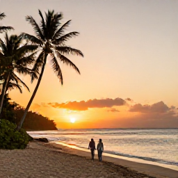 Caribbean Holidays, September Weddings, Couple walking along a quiet sandy beach on Nevis at sunset, with palm trees, calm sea and warm tropical colours
