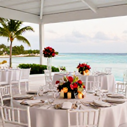 Caribbean Holidays, September Weddings, Elegant Bahamian wedding reception beside the sea, with tropical flowers, white chairs, candles and a covered terrace