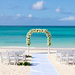 Caribbean Holidays, September Weddings, Elegant beach wedding ceremony in Aruba with white chairs, a simple floral arch and turquoise Caribbean Sea