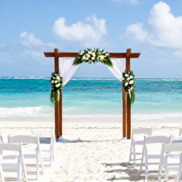 Caribbean Holidays, September Weddings, Elegant beach wedding ceremony with white chairs, simple flowers and a wooden arch overlooking Grace Bay, Turks and Caicos