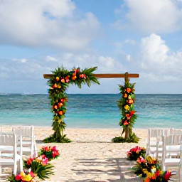 Caribbean Holidays, September Weddings, Elegant Caribbean wedding ceremony beside a sandy beach, with white chairs, tropical flowers and blue sea under a lightly clouded sky