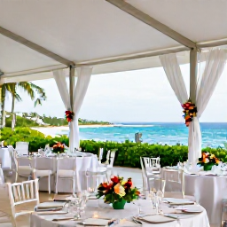 Caribbean Holidays, September Weddings, Elegant Caribbean wedding reception under a covered terrace in Saint Kitts, with simple tropical flowers, candlelight and ocean views