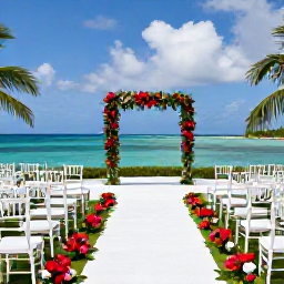 Caribbean Holidays, September Weddings, Elegant outdoor wedding ceremony at a Haitian seaside resort, with white chairs, tropical flowers and ocean views
