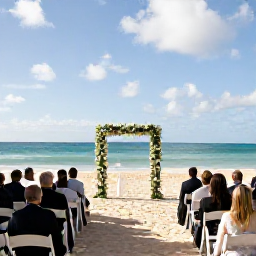 Caribbean Holidays, September Weddings, Elegant outdoor wedding ceremony beneath a simple white floral arch beside a sandy Barbados beach, with guests seated in the shade