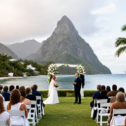 Caribbean Holidays, September Weddings, Elegant outdoor wedding ceremony in a Saint Lucia resort garden overlooking the Caribbean Sea and Pitons