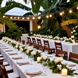 Caribbean Holidays, September Weddings, Elegant outdoor wedding reception in Martinique with tropical greenery, simple table decorations and guests dining beneath string lights
