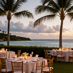 Caribbean Holidays, September Weddings, Elegant tropical wedding reception beside the sea in St Thomas, with simple table settings, palm trees and warm evening light