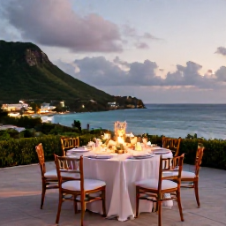 Caribbean Holidays, September Weddings, Elegant wedding dinner on a Saint Barth&eacute;lemy villa terrace overlooking the sea at dusk