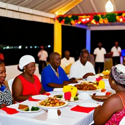 Caribbean Holidays, September Weddings, Haitian wedding reception with local dishes, colourful decoration, live musicians and guests enjoying an evening outdoors
