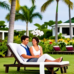 Caribbean Holidays, September Weddings, Happy wedding couple enjoying a relaxed September afternoon at a Grenada resort, surrounded by tropical gardens