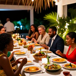 Caribbean Holidays, September Weddings, Happy wedding guests dining outdoors at a Barbados reception, with Caribbean dishes, tropical foliage and warm evening lighting
