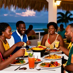 Caribbean Holidays, September Weddings, Happy wedding guests enjoying a Jamaican reception with colourful local food, tropical drinks and gentle evening lighting