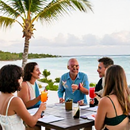 Caribbean Holidays, September Weddings, Happy wedding guests enjoying a relaxed beach celebration on Tortola with tropical drinks and palm trees