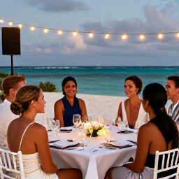 Caribbean Holidays, September Weddings, Happy wedding guests enjoying a relaxed dinner under string lights at an Aruba beach resort