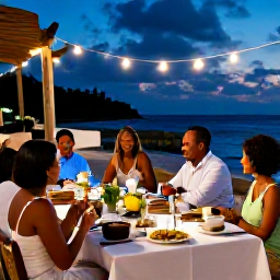 Caribbean Holidays, September Weddings, Happy wedding guests sharing a relaxed Caribbean reception at a beachfront resort, with tropical food, simple table decorations and a glowing evening sky