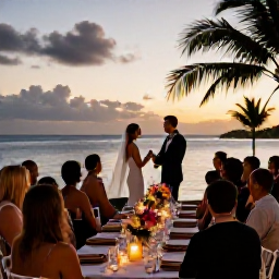 Caribbean Holidays, September Weddings, Intimate Grenada wedding reception at sunset with tropical flowers, candlelit tables and a couple celebrating with guests