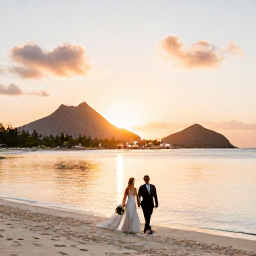Caribbean Holidays, September Weddings, Martinique beach at sunset with a newly married couple walking beside calm Caribbean water and volcanic hills in the distance