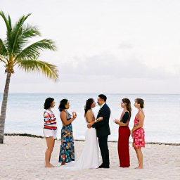 Caribbean Holidays, September Weddings, Newly married couple celebrating with a small group of family and friends on a Bahamian beach, tropical flowers and calm sea in the background