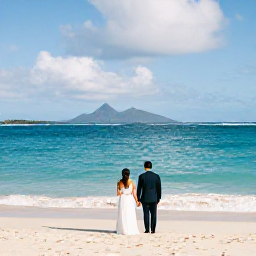 Caribbean Holidays, September Weddings, Newly married couple enjoying a quiet beach and tropical sea in Saint Kitts, with mountains visible in the distance