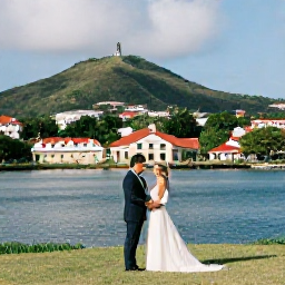 Caribbean Holidays, September Weddings, Newly married couple exploring Nelson's Dockyard in Antigua, historic buildings, harbour and tropical hills in the background