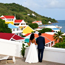 Caribbean Holidays, September Weddings, Newly married couple exploring St George's, Grenada, with colourful buildings, hillside views and a harbour in the background