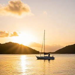 Caribbean Holidays, September Weddings, Newly married couple sailing at sunset between the green islands of the US Virgin Islands, with a small boat and golden Caribbean light