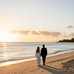 Caribbean Holidays, September Weddings, Newly married couple walking along a quiet Barbados beach at sunset, with soft golden light and calm Caribbean sea