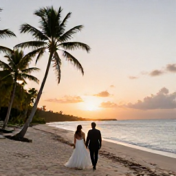 Caribbean Holidays, September Weddings, Newly married couple walking along a quiet Guadeloupe beach at sunset, with palm trees and calm Caribbean Sea