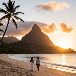 Caribbean Holidays, September Weddings, Newly married couple walking along a quiet Saint Lucia beach at sunset, with palm trees and the Pitons in the distance