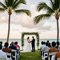 Caribbean Holidays, September Weddings, Newlyweds and guests enjoying a relaxed beachfront wedding ceremony in Martinique, with turquoise water, palm trees and warm afternoon light