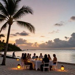 Caribbean Holidays, September Weddings, Newlyweds and guests enjoying a sunset dinner on a beach in Turks and Caicos, with lanterns and palm trees