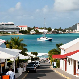 Caribbean Holidays, September Weddings, Newlyweds exploring a colourful Caribbean street and harbour in Saint Martin and Sint Maarten, with boats, caf&eacute;s and tropical scenery