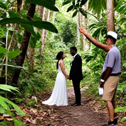 Caribbean Holidays, September Weddings, Newlyweds exploring a lush Trinidad and Tobago rainforest trail, with tropical plants, warm light and a guide nearby