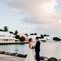 Caribbean Holidays, September Weddings, Newlyweds exploring Hamilton Bermuda waterfront with colourful buildings and calm harbour light