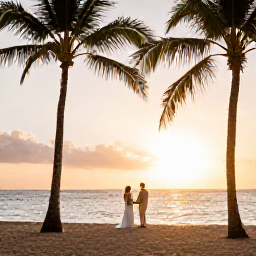 Caribbean Holidays, September Weddings, Newlyweds standing on a quiet Jamaican beach at sunset, with palm trees, warm light and the Caribbean Sea behind them