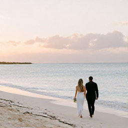 Caribbean Holidays, September Weddings, Newlyweds walking along a quiet Bahamian beach at sunset, with calm turquoise water and soft golden light
