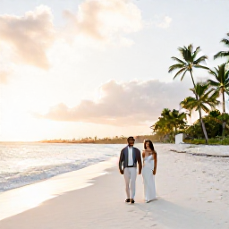 Caribbean Holidays, September Weddings, Newlyweds walking along a quiet white-sand beach in Antigua at sunset, gentle Caribbean sea and palm trees