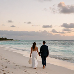 Caribbean Holidays, September Weddings, Newlyweds walking along a quiet white-sand beach in Aruba at sunset, with calm turquoise water and soft golden light