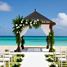 Caribbean Holidays, September Weddings, Outdoor Jamaican wedding ceremony beneath a decorated gazebo beside turquoise water, with white chairs and tropical greenery