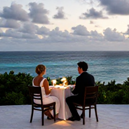 Caribbean Holidays, September Weddings, Romantic Bermuda honeymoon dinner for two on a terrace overlooking the ocean at dusk