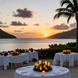 Caribbean Holidays, September Weddings, Tropical British Virgin Islands wedding reception with white tables, candles and local flowers at sunset