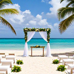 Caribbean Holidays, September Weddings, Tropical Grenada wedding ceremony on a sandy beach, decorated with simple flowers, palm trees and the Caribbean Sea