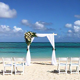 Caribbean Holidays, September Weddings, Tropical Guadeloupe wedding ceremony beside a sandy beach, simple white chairs, flowers and turquoise sea