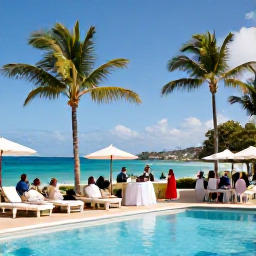 Caribbean Holidays, September Weddings, Wedding guests relaxing beside a hotel pool in Saint Martin, with palm trees, sunshine and the Caribbean Sea in the background