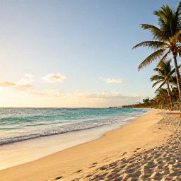 Caribbean Holidays, September Wellness, A calm Cura&ccedil;ao beach at sunrise in September, turquoise water, soft sand, palm trees and a peaceful wellness atmosphere